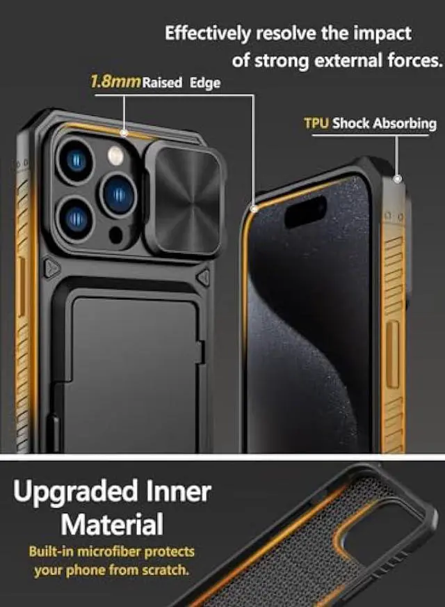Alt view image 6 of 6 - Vihibii for iPhone 15 Pro Max Case with Card Holder (4 Cards) & Slide Camera Cover & Kickstand, Military Grade Drop Protection, Rugged Hard Back & Silicone Edge Wallet Phone Case, 6.7 2023, Black