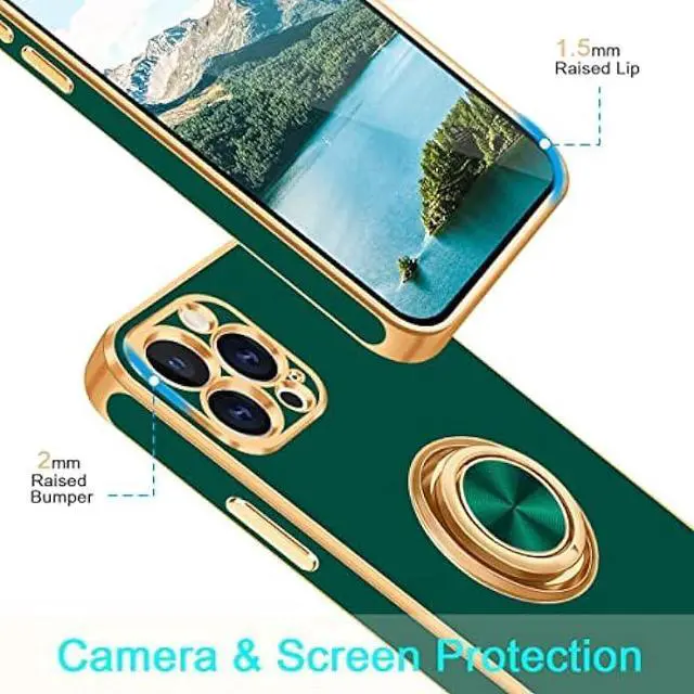 Alt view image 2 of 7 - Fingic iPhone 12 Pro Case,iPhone 12 Pro Phone Case with Stand Ring Holder,360° Rotatable Magnetic Kickstand Shiny Plating Gold Edge Slim Soft TPU Shockproof Protective Cover Women Men,Midnight Green