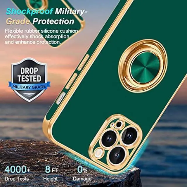 Alt view image 3 of 7 - Fingic iPhone 12 Pro Case,iPhone 12 Pro Phone Case with Stand Ring Holder,360° Rotatable Magnetic Kickstand Shiny Plating Gold Edge Slim Soft TPU Shockproof Protective Cover Women Men,Midnight Green