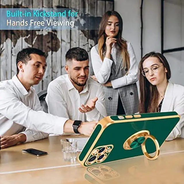 Alt view image 4 of 7 - Fingic iPhone 12 Pro Case,iPhone 12 Pro Phone Case with Stand Ring Holder,360° Rotatable Magnetic Kickstand Shiny Plating Gold Edge Slim Soft TPU Shockproof Protective Cover Women Men,Midnight Green