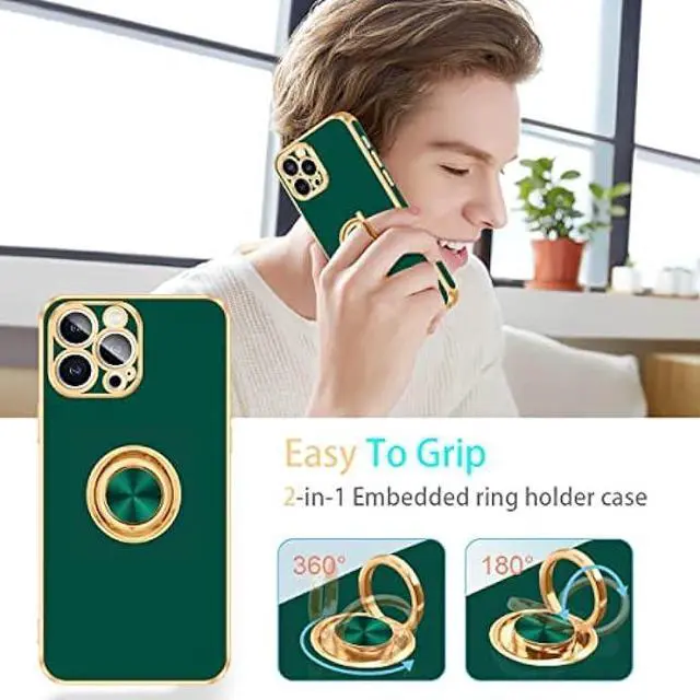 Alt view image 5 of 7 - Fingic iPhone 12 Pro Case,iPhone 12 Pro Phone Case with Stand Ring Holder,360° Rotatable Magnetic Kickstand Shiny Plating Gold Edge Slim Soft TPU Shockproof Protective Cover Women Men,Midnight Green