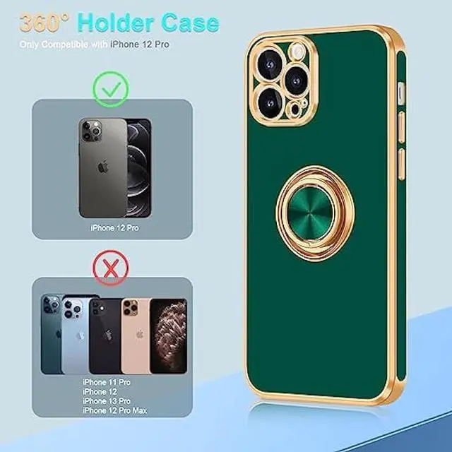 Alt view image 6 of 7 - Fingic iPhone 12 Pro Case,iPhone 12 Pro Phone Case with Stand Ring Holder,360° Rotatable Magnetic Kickstand Shiny Plating Gold Edge Slim Soft TPU Shockproof Protective Cover Women Men,Midnight Green