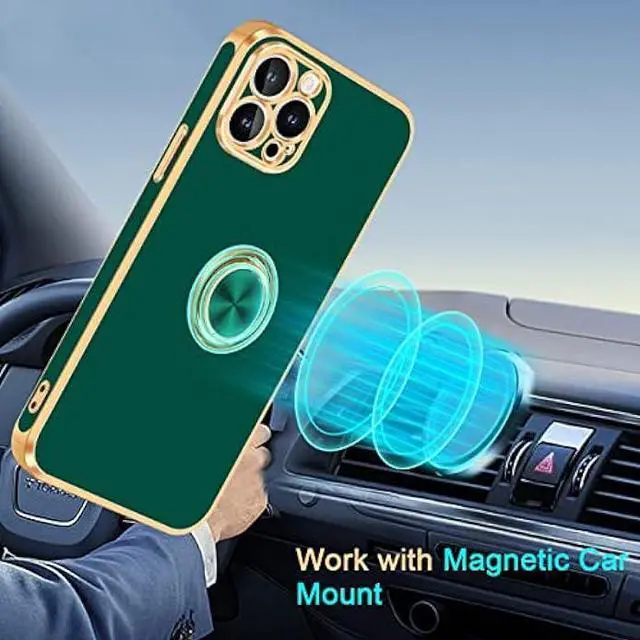 Alt view image 7 of 7 - Fingic iPhone 12 Pro Case,iPhone 12 Pro Phone Case with Stand Ring Holder,360° Rotatable Magnetic Kickstand Shiny Plating Gold Edge Slim Soft TPU Shockproof Protective Cover Women Men,Midnight Green