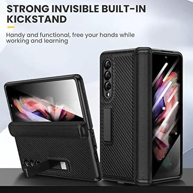 Alt view image 5 of 6 - Ruky Kickstand Case for Galaxy Z Fold 3, Hinge Protection & Built-in Screen Protector, Full Body Case PU Leather Stand Phone Case for Samsung Galaxy Z Fold 3 5G, Carbon Fiber