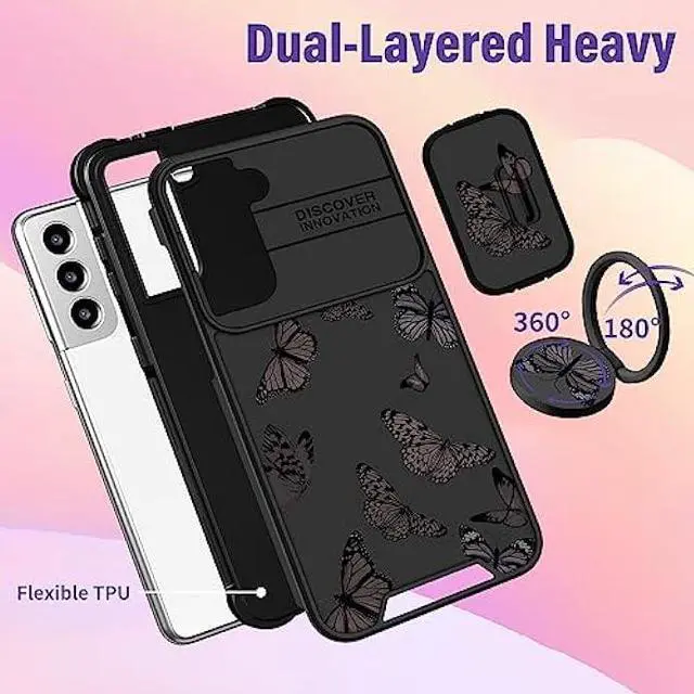 Alt view image 5 of 6 - Funermei (2in1 for Samsung Galaxy S22 Plus Case for Women Butterfly Cute Girls Cover Girly Pretty Kawaii Black Butterfly Design with Camera Cover and Ring Stand Funda for Galaxy S22 Plus Phone Case