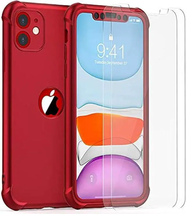 Alt view image 2 of 6 - ORETECH for iPhone 11 Case, with[2 x Tempered Glass Screen Protector] 360° Full Body Shockproof Protection Rubber Silicone for iPhone 11-6.1''- Red