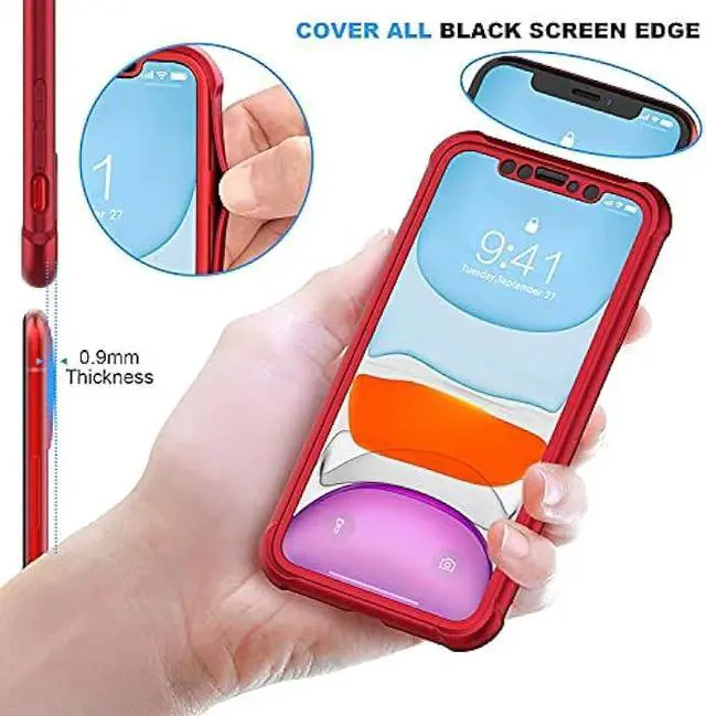 Alt view image 4 of 6 - ORETECH for iPhone 11 Case, with[2 x Tempered Glass Screen Protector] 360° Full Body Shockproof Protection Rubber Silicone for iPhone 11-6.1''- Red