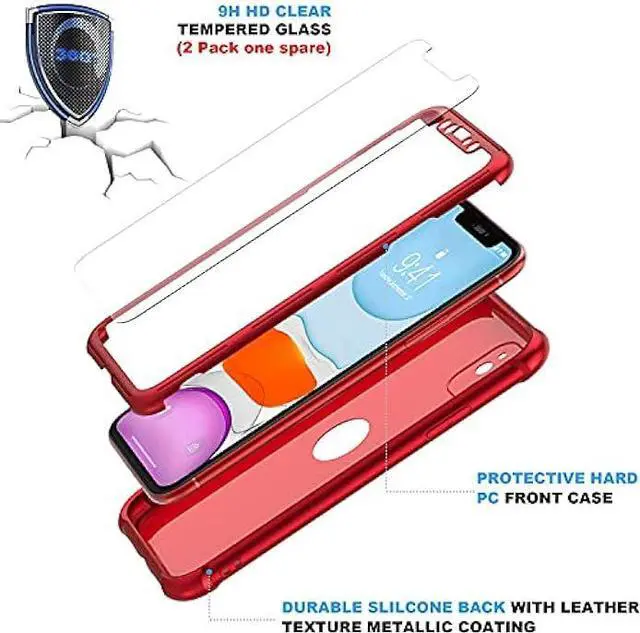 Alt view image 5 of 6 - ORETECH for iPhone 11 Case, with[2 x Tempered Glass Screen Protector] 360° Full Body Shockproof Protection Rubber Silicone for iPhone 11-6.1''- Red