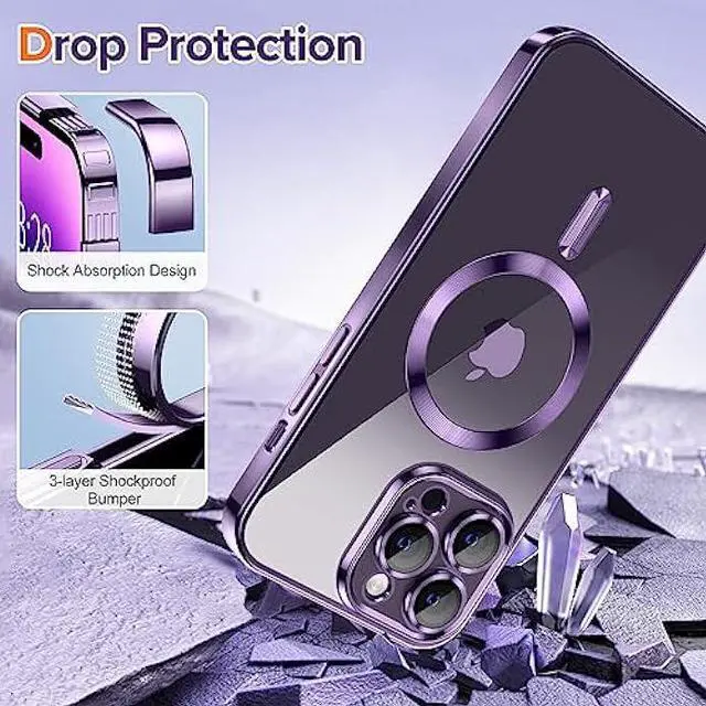 Alt view image 5 of 6 - Hython Magnetic Clear Case for iPhone 14 Pro Max Case [Compatible with MagSafe] [Full Camera Lens Protection] Luxury Plating Edge Slim Soft TPU Cover Shockproof Protective Phone Case, Purple