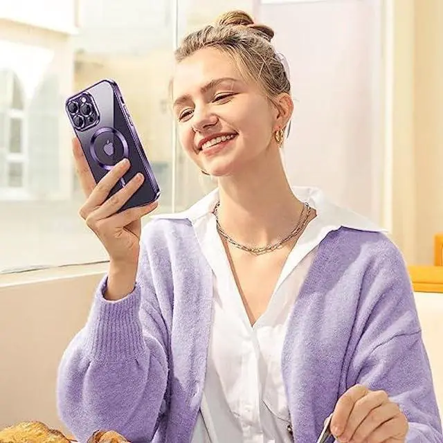 Alt view image 6 of 6 - Hython Magnetic Clear Case for iPhone 14 Pro Max Case [Compatible with MagSafe] [Full Camera Lens Protection] Luxury Plating Edge Slim Soft TPU Cover Shockproof Protective Phone Case, Purple