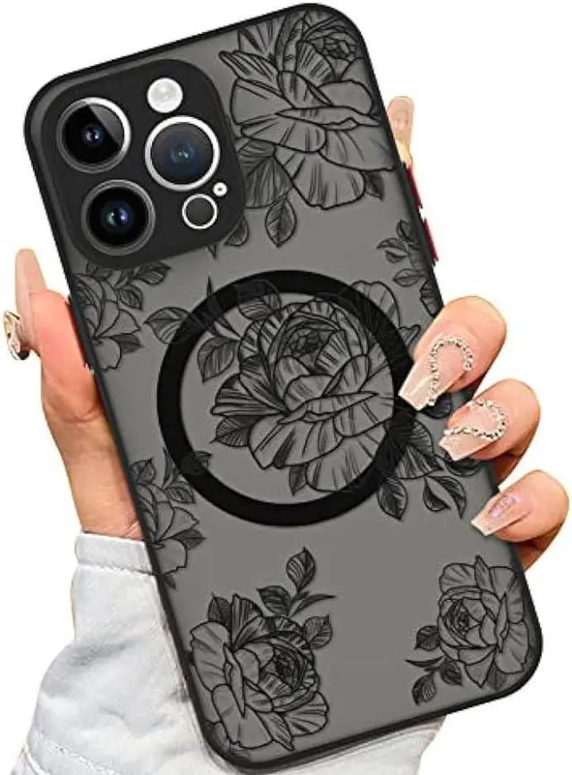 Main image of AIGOMARA for iPhone 14 Pro Max Case [Compatible with MagSafe] Black Flower Floral Pattern Design Case for Women Girls Soft TPU Bumper Hard PC Back Anti-Fall Shockproof Protective Slim Magnetic Cover