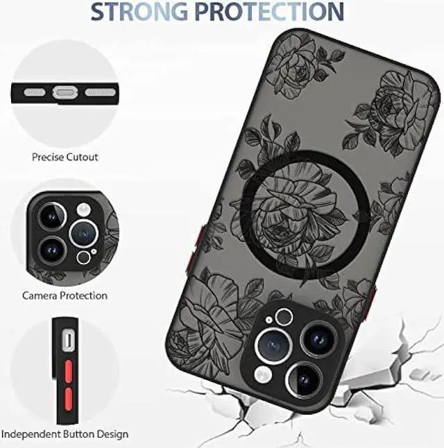 Alt view image 4 of 6 - AIGOMARA for iPhone 14 Pro Max Case [Compatible with MagSafe] Black Flower Floral Pattern Design Case for Women Girls Soft TPU Bumper Hard PC Back Anti-Fall Shockproof Protective Slim Magnetic Cover