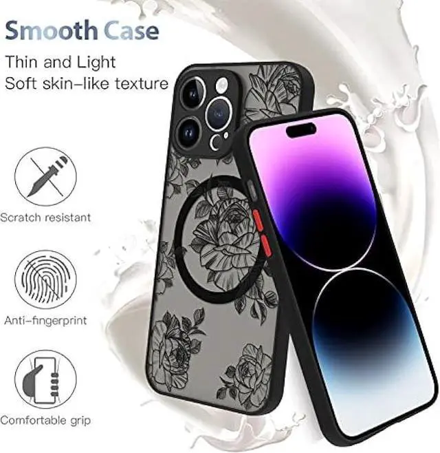 Alt view image 5 of 6 - AIGOMARA for iPhone 14 Pro Max Case [Compatible with MagSafe] Black Flower Floral Pattern Design Case for Women Girls Soft TPU Bumper Hard PC Back Anti-Fall Shockproof Protective Slim Magnetic Cover