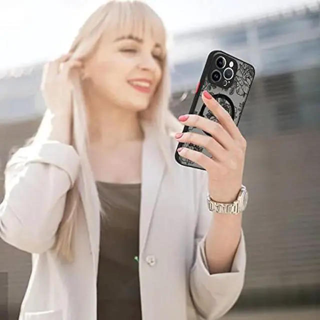 Alt view image 6 of 6 - AIGOMARA for iPhone 14 Pro Max Case [Compatible with MagSafe] Black Flower Floral Pattern Design Case for Women Girls Soft TPU Bumper Hard PC Back Anti-Fall Shockproof Protective Slim Magnetic Cover