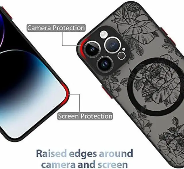 Alt view image 2 of 6 - AIGOMARA for iPhone 14 Pro Max Case [Compatible with MagSafe] Black Flower Floral Pattern Design Case for Women Girls Soft TPU Bumper Hard PC Back Anti-Fall Shockproof Protective Slim Magnetic Cover