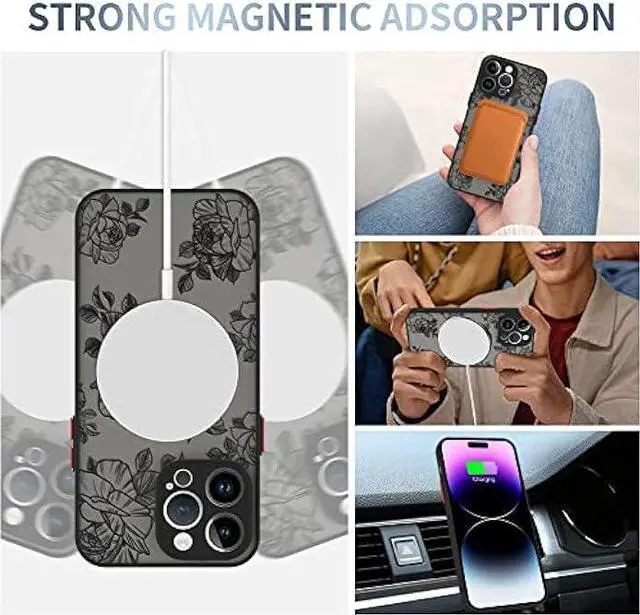 Alt view image 3 of 6 - AIGOMARA for iPhone 14 Pro Max Case [Compatible with MagSafe] Black Flower Floral Pattern Design Case for Women Girls Soft TPU Bumper Hard PC Back Anti-Fall Shockproof Protective Slim Magnetic Cover