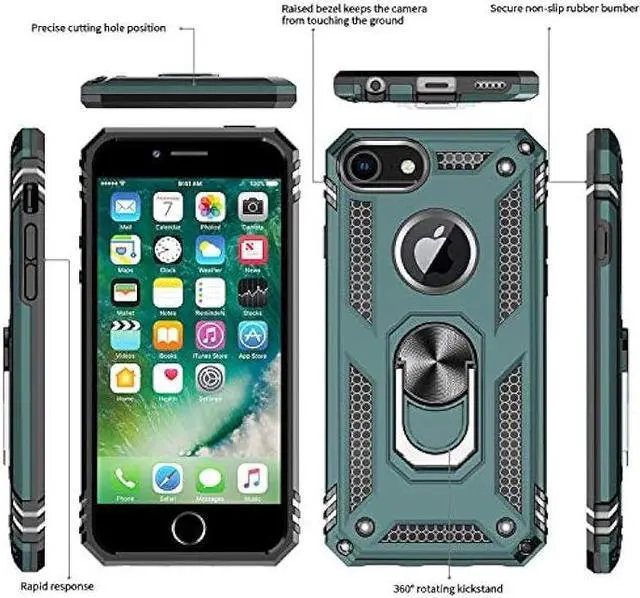 Alt view image 2 of 6 - LeYi Compatible for iPhone 8 Case, iPhone 7 Case, iPhone 6s/ 6 Case with [2 Pack] Tempered Glass Screen Protector, Military-Grade Phone Case with Ring Kickstand for iPhone 6/6s/7/8, Midnight Green