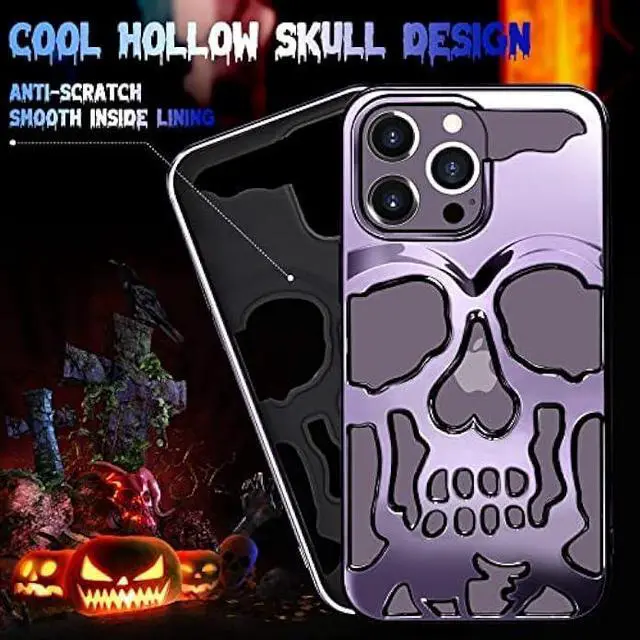 Alt view image 3 of 6 - Lotadilo for iPhone 14 Pro Max Phone Case for Men, Women Cool Skull Skeleton Funny Gothic Hollow Halloween Cases for Boy Girls, Hollowed Designer Plated Shockproof Cover for iPhone 14 Promax Purple