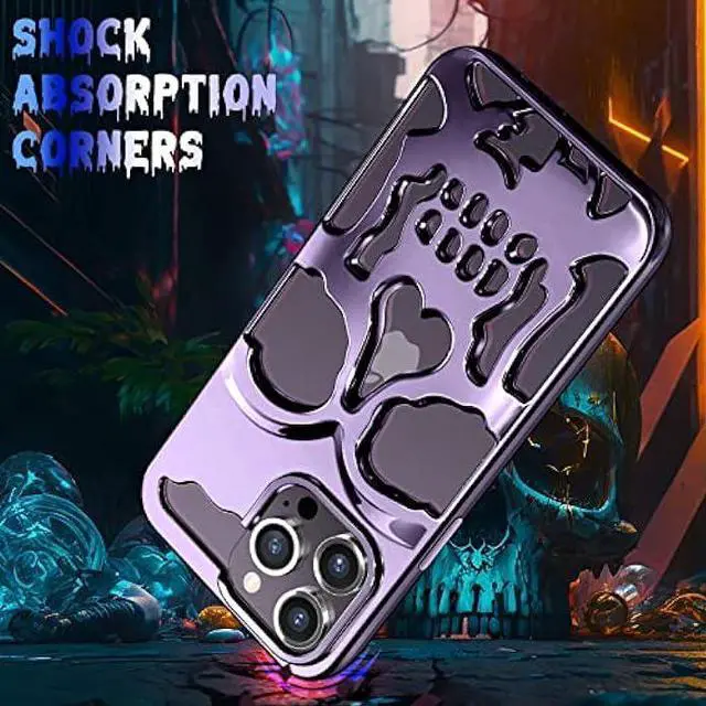 Alt view image 5 of 6 - Lotadilo for iPhone 14 Pro Max Phone Case for Men, Women Cool Skull Skeleton Funny Gothic Hollow Halloween Cases for Boy Girls, Hollowed Designer Plated Shockproof Cover for iPhone 14 Promax Purple