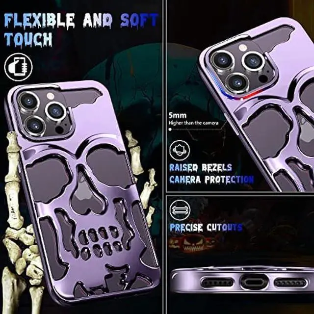 Alt view image 4 of 6 - Lotadilo for iPhone 14 Pro Max Phone Case for Men, Women Cool Skull Skeleton Funny Gothic Hollow Halloween Cases for Boy Girls, Hollowed Designer Plated Shockproof Cover for iPhone 14 Promax Purple