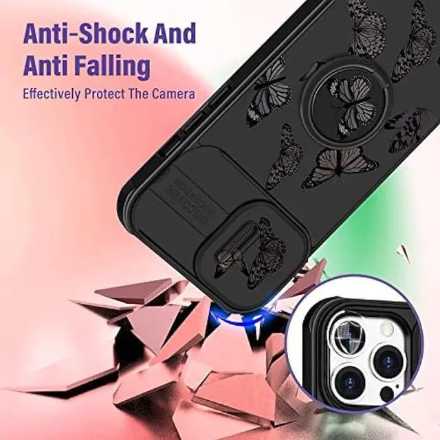 Alt view image 3 of 6 - Funermei (2in1 for iPhone 12 Pro Max Case for Women Butterfly Cute Girls Phone Cover Girly Pretty Aesthetic Black Butterfly Design with Camera Cover and Ring Stand Funda for Apple 12 Pro Max Case