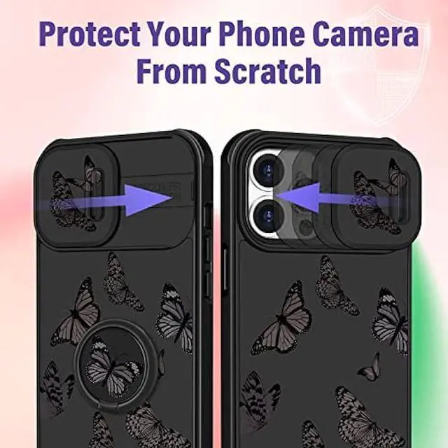 Alt view image 4 of 6 - Funermei (2in1 for iPhone 12 Pro Max Case for Women Butterfly Cute Girls Phone Cover Girly Pretty Aesthetic Black Butterfly Design with Camera Cover and Ring Stand Funda for Apple 12 Pro Max Case