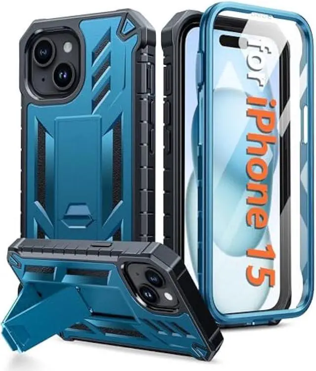 Main image of FNTCASE for iPhone 15 Phone Case: Military Grade Shockproof Full Protection Hard Phonecase with Kickstand - Dual Layer Matte Textured Drop Proof Rugged Protective Cover - 6.1 Inch Blue