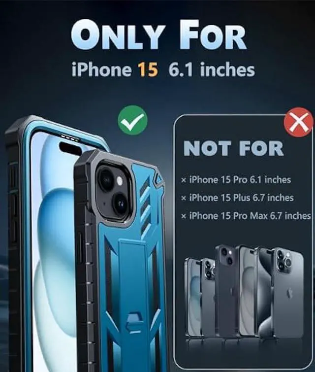 Alt view image 2 of 6 - FNTCASE for iPhone 15 Phone Case: Military Grade Shockproof Full Protection Hard Phonecase with Kickstand - Dual Layer Matte Textured Drop Proof Rugged Protective Cover - 6.1 Inch Blue