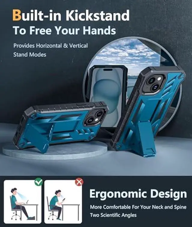 Alt view image 5 of 6 - FNTCASE for iPhone 15 Phone Case: Military Grade Shockproof Full Protection Hard Phonecase with Kickstand - Dual Layer Matte Textured Drop Proof Rugged Protective Cover - 6.1 Inch Blue