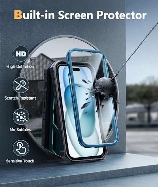 Alt view image 4 of 6 - FNTCASE for iPhone 15 Phone Case: Military Grade Shockproof Full Protection Hard Phonecase with Kickstand - Dual Layer Matte Textured Drop Proof Rugged Protective Cover - 6.1 Inch Blue