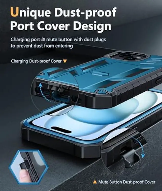 Alt view image 6 of 6 - FNTCASE for iPhone 15 Phone Case: Military Grade Shockproof Full Protection Hard Phonecase with Kickstand - Dual Layer Matte Textured Drop Proof Rugged Protective Cover - 6.1 Inch Blue