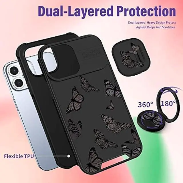 Alt view image 5 of 6 - Funermei (2in1 for iPhone 12 Pro Max Case for Women Butterfly Cute Girls Phone Cover Girly Pretty Aesthetic Black Butterfly Design with Camera Cover and Ring Stand Funda for Apple 12 Pro Max Case
