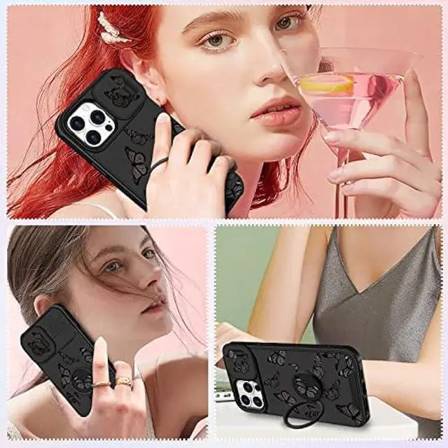 Alt view image 6 of 6 - Funermei (2in1 for iPhone 12 Pro Max Case for Women Butterfly Cute Girls Phone Cover Girly Pretty Aesthetic Black Butterfly Design with Camera Cover and Ring Stand Funda for Apple 12 Pro Max Case