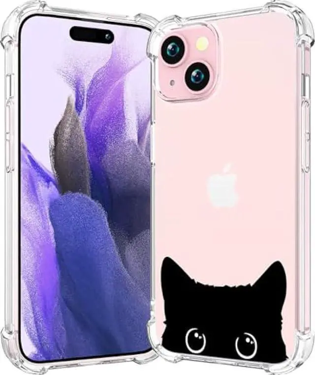 Main image of CCFUNCASE Cute Case Compatible with iPhone 15 Clear for Women - Rugged Phone Case Funda Protector Protectores Cover Skin para Compatible with iPhone 15 (Kawaii Lovely Cat Black)