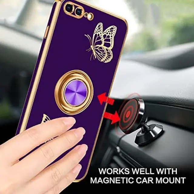 Alt view image 2 of 6 - BENTOBEN iPhone 8 Plus Case, Phone Case iPhone 7 Plus, Slim Fit Cute Butterfly Design Kickstand Ring Holder Shockproof Protection Soft TPU Bumper Drop Protective Girls Women Boy Men Cover, Deep Purple