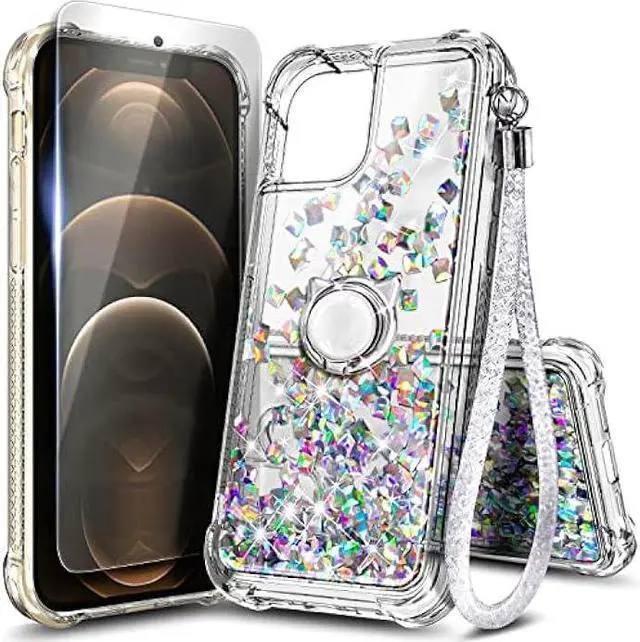 Main image of NGB Supremacy Compatible with iPhone 12/12 Pro Case with Tempered Glass Screen Protector, Ring Holder/Wrist Strap, Girls Women Liquid Bling Sparkle Floating Glitter Cute Case (Crystal Gem)