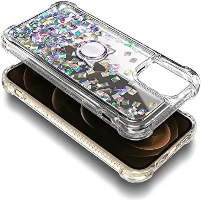 Alt view image 5 of 7 - NGB Supremacy Compatible with iPhone 12/12 Pro Case with Tempered Glass Screen Protector, Ring Holder/Wrist Strap, Girls Women Liquid Bling Sparkle Floating Glitter Cute Case (Crystal Gem)