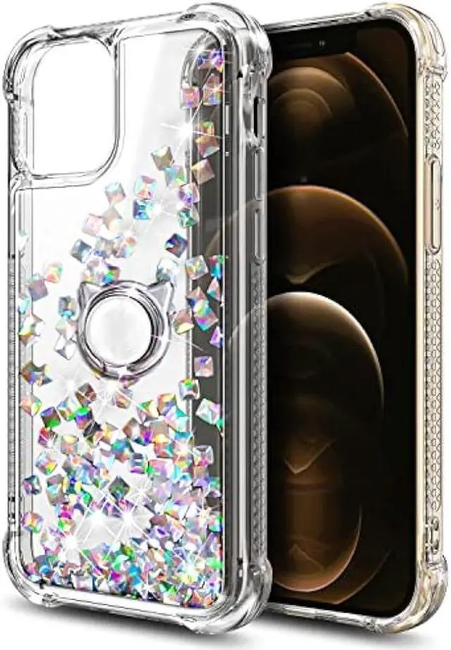 Alt view image 3 of 7 - NGB Supremacy Compatible with iPhone 12/12 Pro Case with Tempered Glass Screen Protector, Ring Holder/Wrist Strap, Girls Women Liquid Bling Sparkle Floating Glitter Cute Case (Crystal Gem)