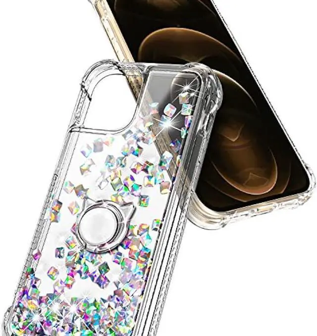 Alt view image 6 of 7 - NGB Supremacy Compatible with iPhone 12/12 Pro Case with Tempered Glass Screen Protector, Ring Holder/Wrist Strap, Girls Women Liquid Bling Sparkle Floating Glitter Cute Case (Crystal Gem)