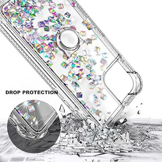 Alt view image 4 of 7 - NGB Supremacy Compatible with iPhone 12/12 Pro Case with Tempered Glass Screen Protector, Ring Holder/Wrist Strap, Girls Women Liquid Bling Sparkle Floating Glitter Cute Case (Crystal Gem)