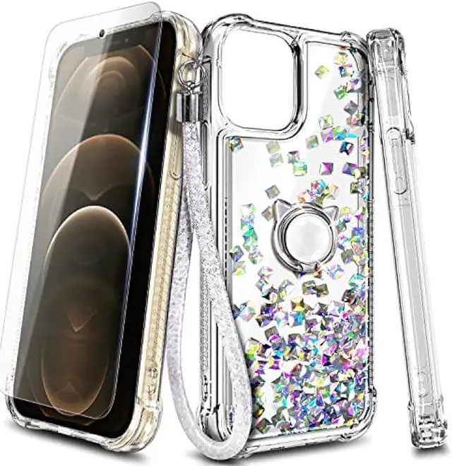 Alt view image 7 of 7 - NGB Supremacy Compatible with iPhone 12/12 Pro Case with Tempered Glass Screen Protector, Ring Holder/Wrist Strap, Girls Women Liquid Bling Sparkle Floating Glitter Cute Case (Crystal Gem)