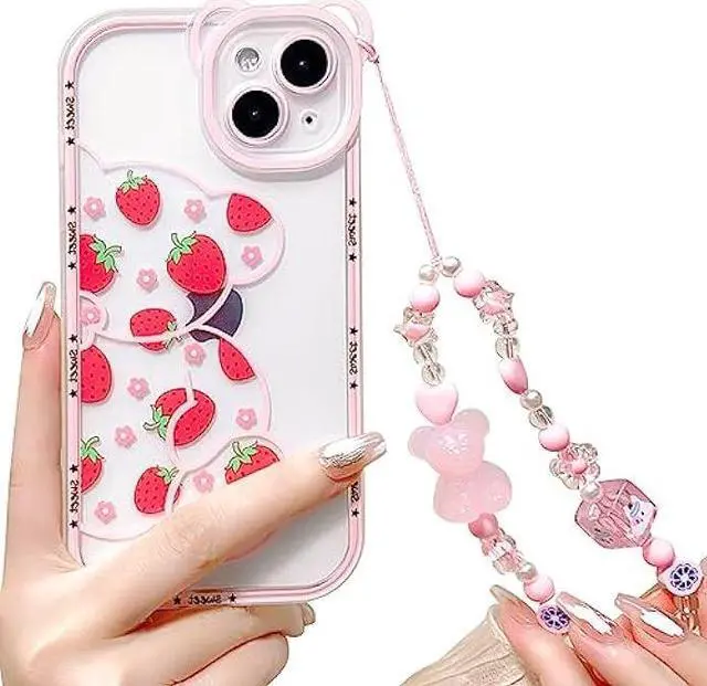 Main image of NITITOP Compatible for iPhone 13 Case Cute Bear Clear Floral Flower for Girls Women Pattern with Bear Ears Soft TPU Shockproof Protective Girly-Strawberry Bear