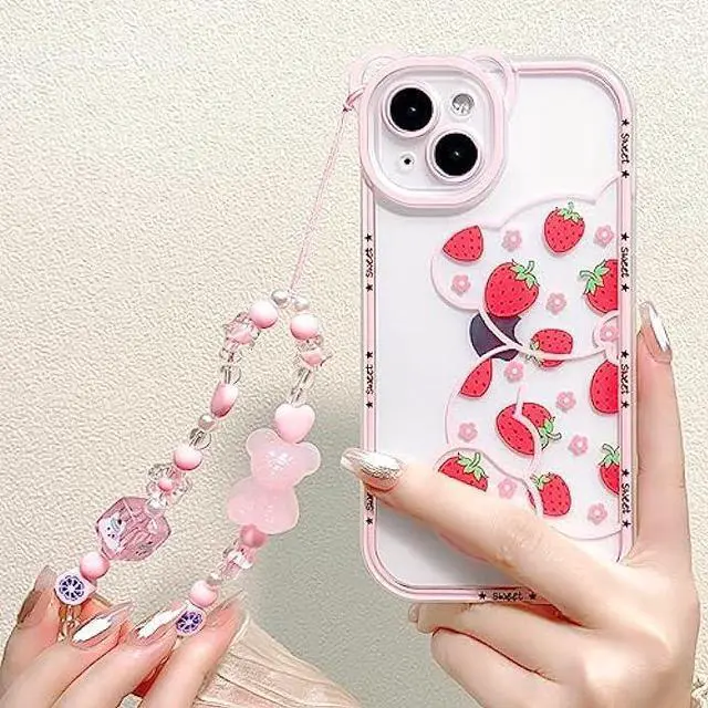 Alt view image 3 of 7 - NITITOP Compatible for iPhone 13 Case Cute Bear Clear Floral Flower for Girls Women Pattern with Bear Ears Soft TPU Shockproof Protective Girly-Strawberry Bear