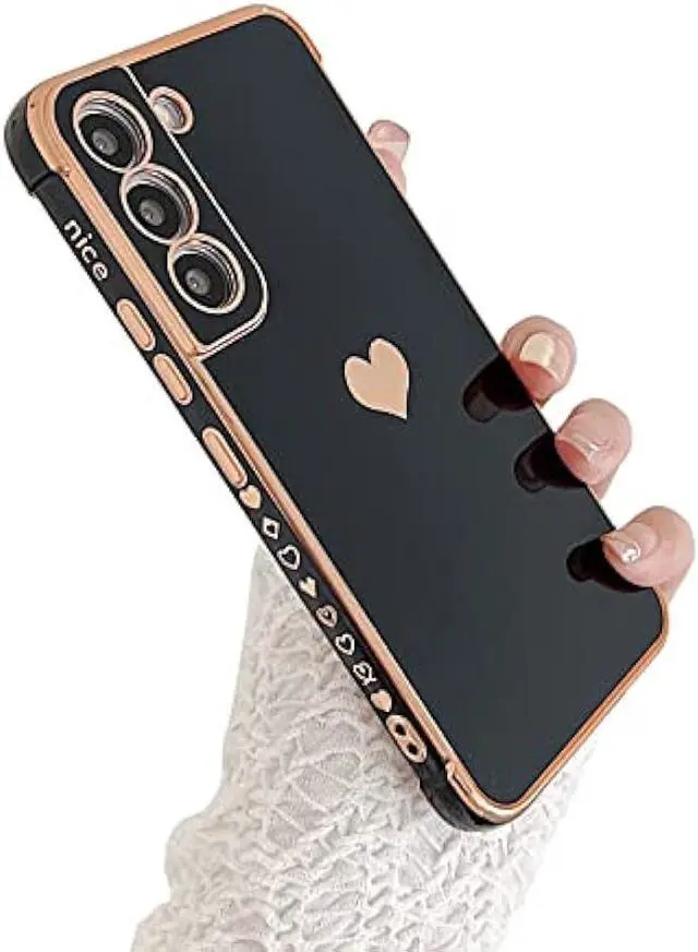 Main image of phylla Compatible with Samsung Galaxy S21+ Plus 6.7 5g Case,Luxury Plating Cute Love Heart Side Small Pattern Phone Case,Full Camera Protection Soft Silicone Shockproof Bumper Cover (Black)