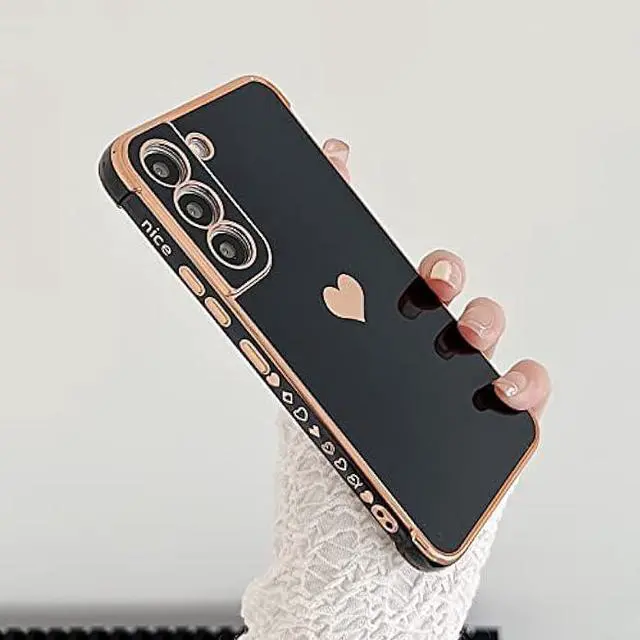 Alt view image 3 of 6 - phylla Compatible with Samsung Galaxy S21+ Plus 6.7 5g Case,Luxury Plating Cute Love Heart Side Small Pattern Phone Case,Full Camera Protection Soft Silicone Shockproof Bumper Cover (Black)