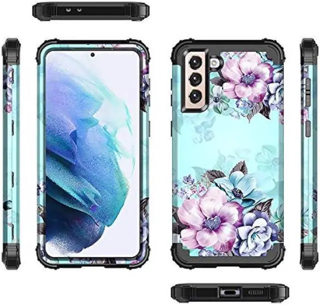 Alt view image 2 of 7 - Casetego Compatible with Galaxy S21 5G Case,Floral Three Layer Heavy Duty Sturdy Shockproof Full Body Protective Cover Case for Samsung Galaxy S21 5G 6.2 inch,Blue Flower
