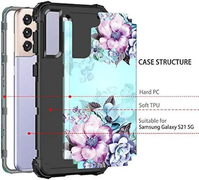 Alt view image 3 of 7 - Casetego Compatible with Galaxy S21 5G Case,Floral Three Layer Heavy Duty Sturdy Shockproof Full Body Protective Cover Case for Samsung Galaxy S21 5G 6.2 inch,Blue Flower