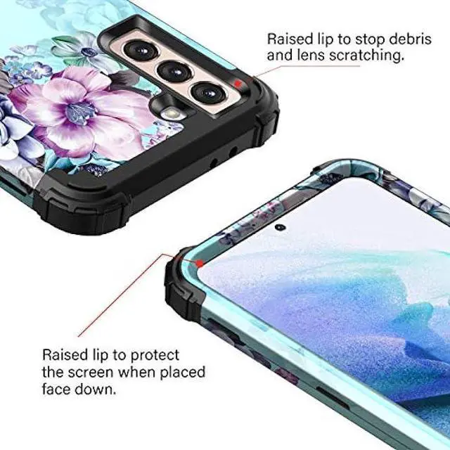 Alt view image 6 of 7 - Casetego Compatible with Galaxy S21 5G Case,Floral Three Layer Heavy Duty Sturdy Shockproof Full Body Protective Cover Case for Samsung Galaxy S21 5G 6.2 inch,Blue Flower