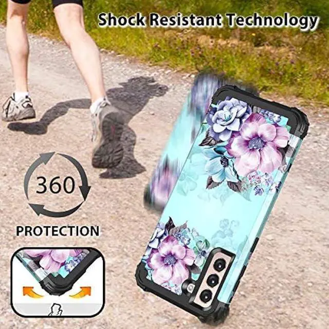 Alt view image 7 of 7 - Casetego Compatible with Galaxy S21 5G Case,Floral Three Layer Heavy Duty Sturdy Shockproof Full Body Protective Cover Case for Samsung Galaxy S21 5G 6.2 inch,Blue Flower
