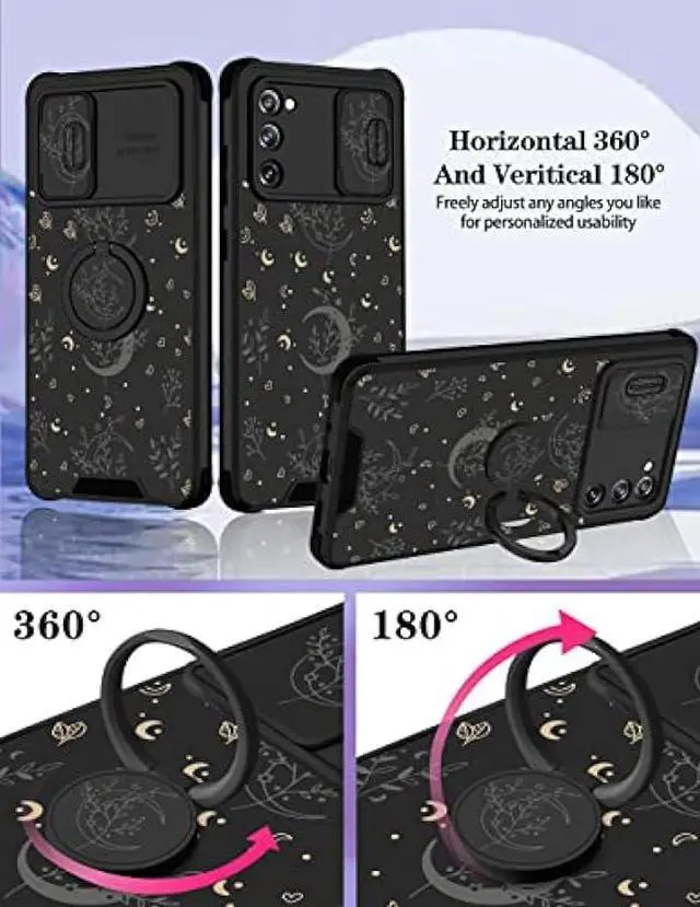 Alt view image 4 of 6 - Goocrux (2in1 for Samsung Galaxy S20 FE 5G Case Moon Plants for Women Girls Cute Phone Cover Flower Heart Stars Space Design with Slide Camera Cover+Ring Holder Fashion Black Cases for S20FE 6.5''